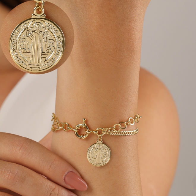 PU-00259-PULSEIRA DUPLA COM ELOS E MEDALHA DE SÃO BENTO