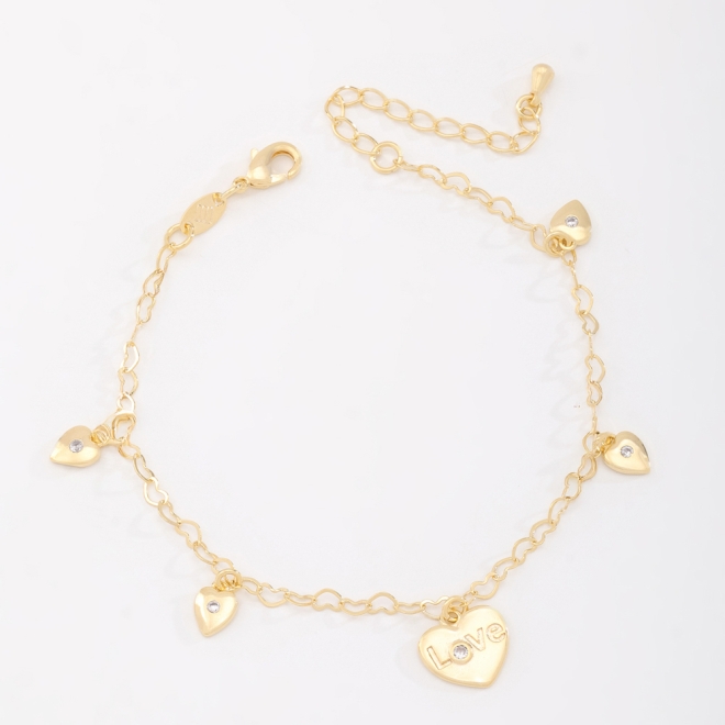 PU-00268 PULSEIRA BANHADA A OURO 18K COM CORRENTE ELO DELICADO E PINGENTES EM FORMATO DE CORAÇÃO