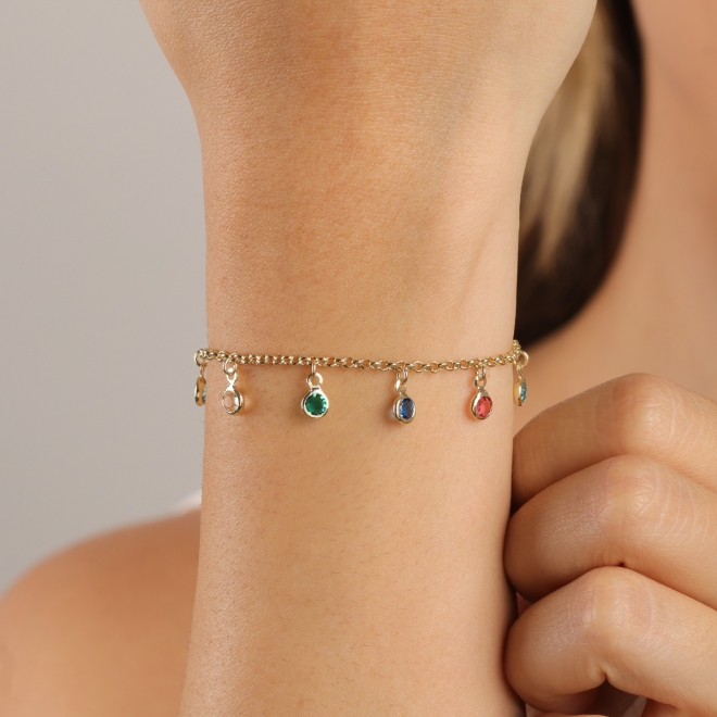 PU-00288 PULSEIRA BANHADA A OURO 18K COM PINGENTES DE PONTOS DE LUZ COLORIDOS