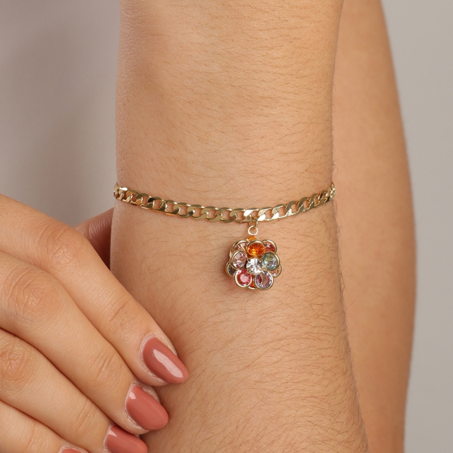 PU-00297 PULSEIRA DE FLOR COM ZIRCÔNIA, CORRENTE ELO GRUMET