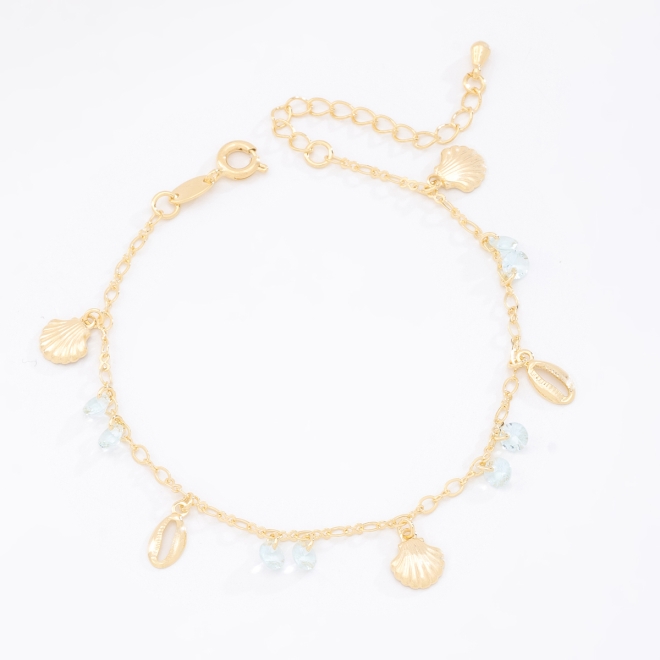 PU-00304 PULSEIRA BANHADA A OURO 18K COM PINGENTES DE CONCHAS, BUZIOS