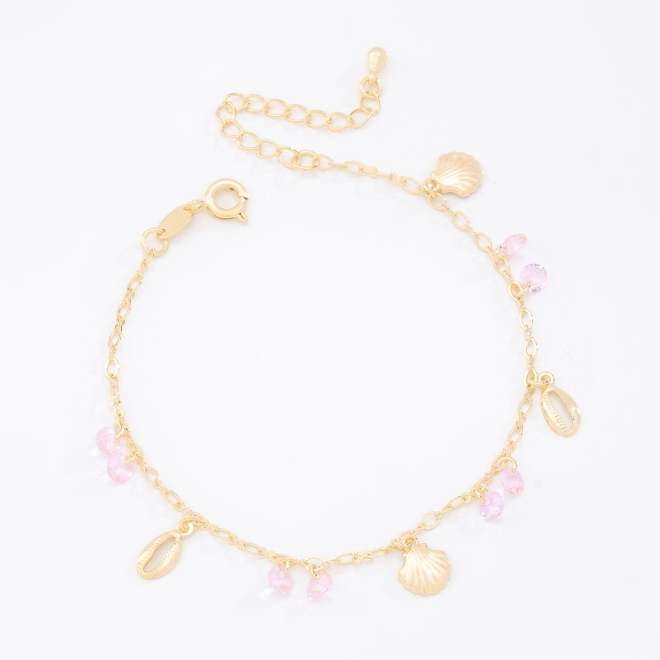 PU-00304 PULSEIRA BANHADA A OURO 18K COM PINGENTES DE CONCHAS, BUZIOS