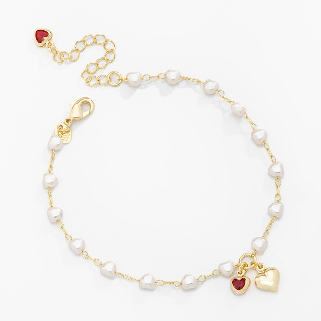 PU-00346 PULSEIRA COM PÉROLAS EM CORAÇÃO E PINGENTES DE CORAÇÃO 