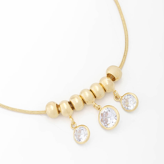 PU-00450 PULSEIRA BANHADA A OURO 18K COM ESFERAS POLIDAS E PINGENTES EM ZIRCÔNIA CRISTAL