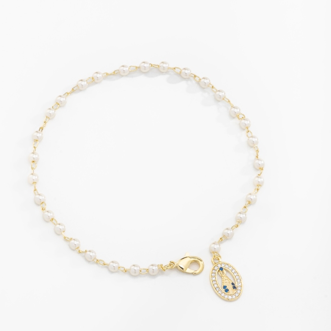 PU-00461 PULSEIRA COM PÉROLAS DELICADAS E PINGENTE OVAL DE NOSSA SENHORA