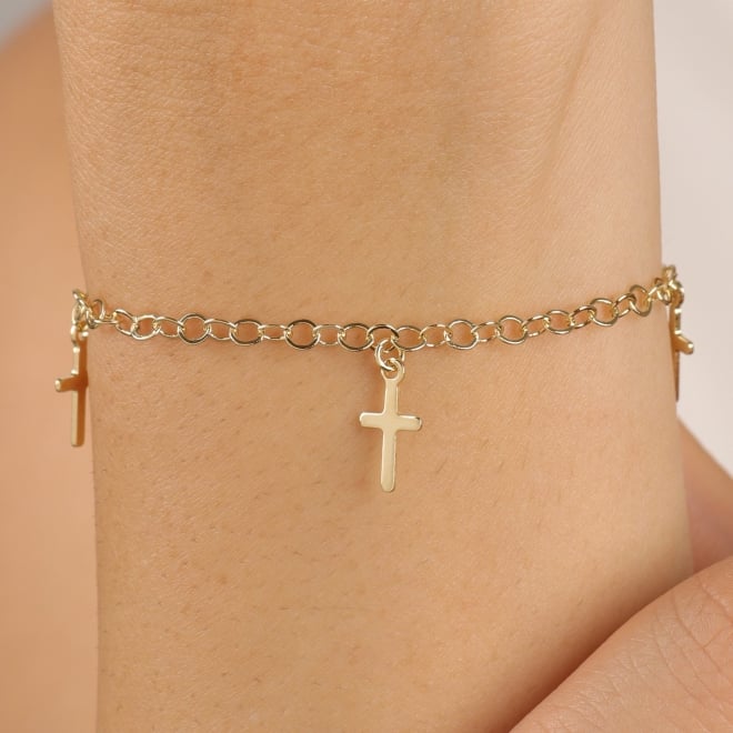 PU-00468 PULSEIRA BANHADA A OURO 18K COM PINGENTES DE CRUZ EM CORRENTE DE ELOS