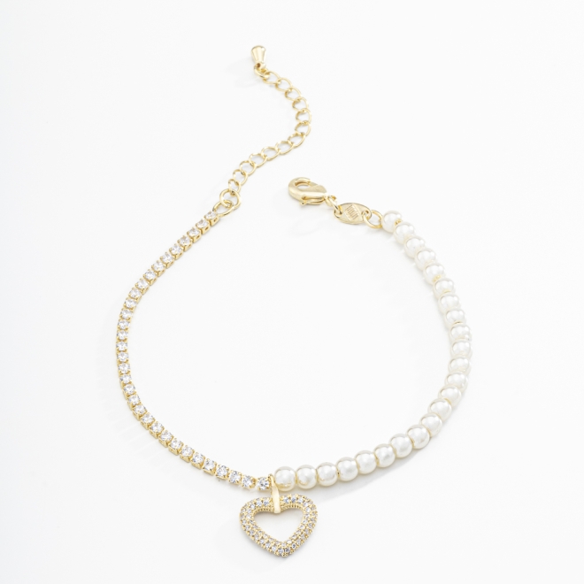 PU-00591 PULSEIRA ESFERAS DE PÉROLA E PINGENTE DE CORAÇÃO EM MICRO ZIRCÔNIAS 
