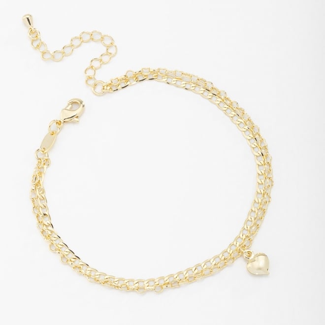 PU-00594 PULSEIRA DUPLA COM ELOS E PINGENTE DE CORAÇÃO 