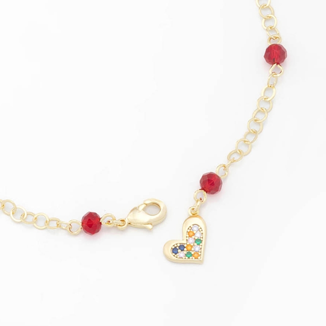 PU-00682 PULSEIRA COM DETALHES DE PEDRAS E PINGENTE DE CORAÇÃO EM ZIRCÔNIAS COLORIDAS