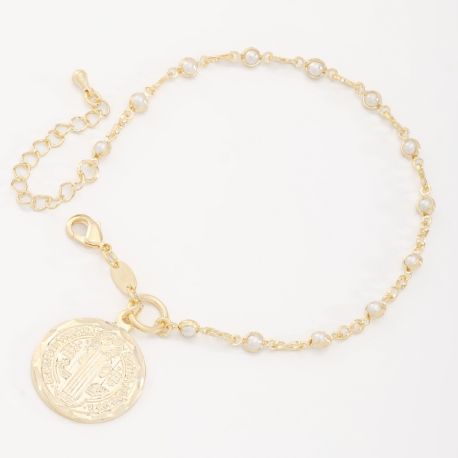 PU-00708 PULSEIRA COM DETALHES EM PÉROLAS E MEDALHA RELIGIOSA