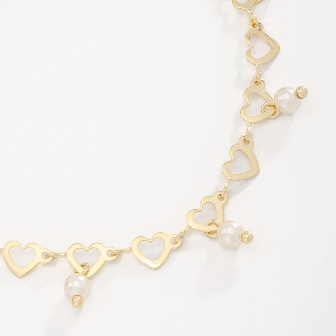 PU-00801 PULSEIRA BANHADA A OURO 18K COM CORAÇÕES VAZADOS E DETALHES EM PÉROLAS
