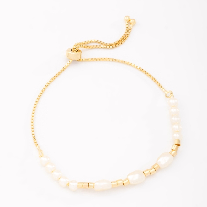 PU-00885 PULSEIRA BANHADA A OURO 18K REGULÁVEL COM PÉROLAS E DETALHES EM CANUTILHO