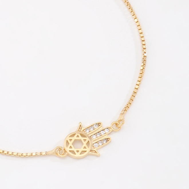PU-00914 PULSEIRA COM PINGENTE DE MÃO DE FÁTIMA E DETALHES EM ZIRCÔNIAS