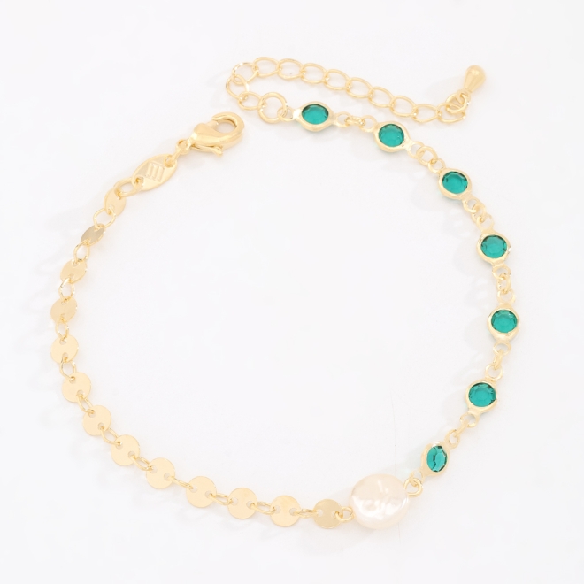 PU-00939 PULSEIRA BANHADA A OURO 18K COM DETALHES EM PEDRAS LAPIDADAS COM VARIEDADE DE CORES E PÉROLA CENTRAL