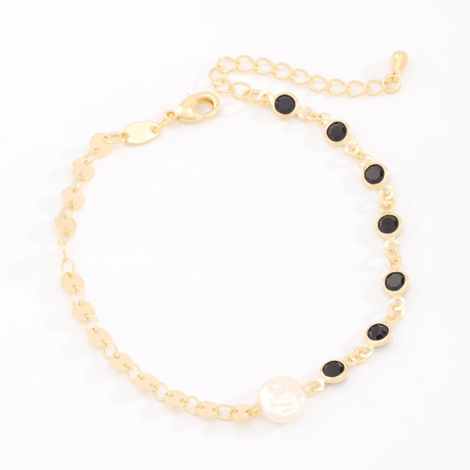 PU-00939 PULSEIRA BANHADA A OURO 18K COM DETALHES EM PEDRAS LAPIDADAS COM VARIEDADE DE CORES E PÉROLA CENTRAL