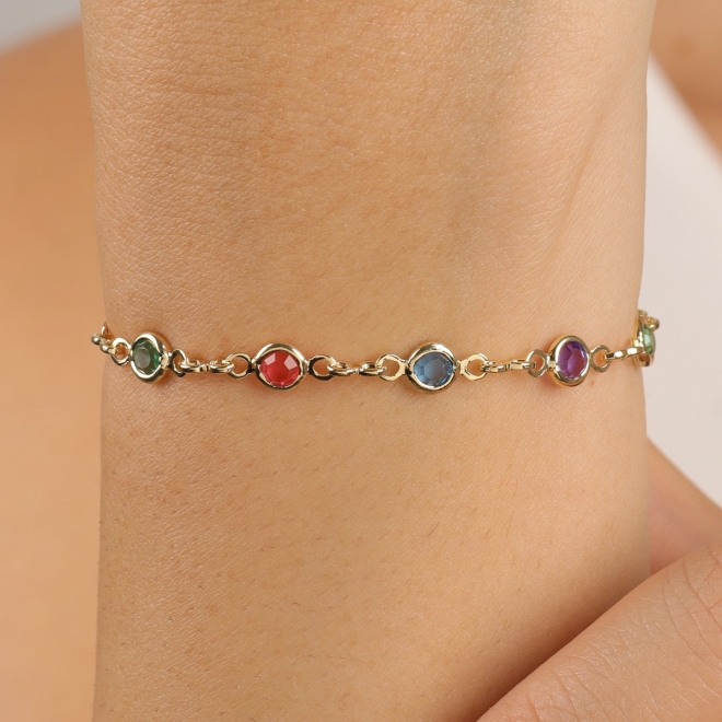 PU-00947 PULSEIRA BANHADA A OURO 18K COM PEDRAS COLORIDAS EM FORMATO REDONDO