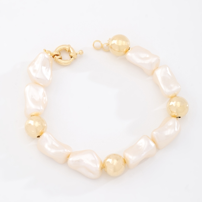 PU-00951 PULSEIRA BANHADA A OURO 18K COM DETALHES EM PÉROLAS IRREGULARES E ESFERAS