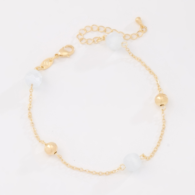 PU-00968 PULSEIRA BANHADA A OURO 18K COM ESFERAS POLIDAS E PEDRAS LEITOSAS