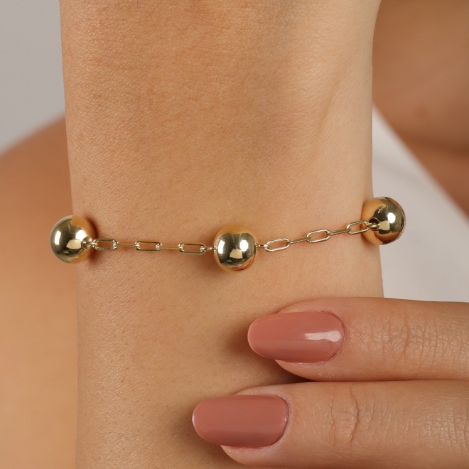 PU-00976 PULSEIRA BANHADA A OURO 18K COM CORRENTE DE ELOS INTERCALADOS POR ESFERAS