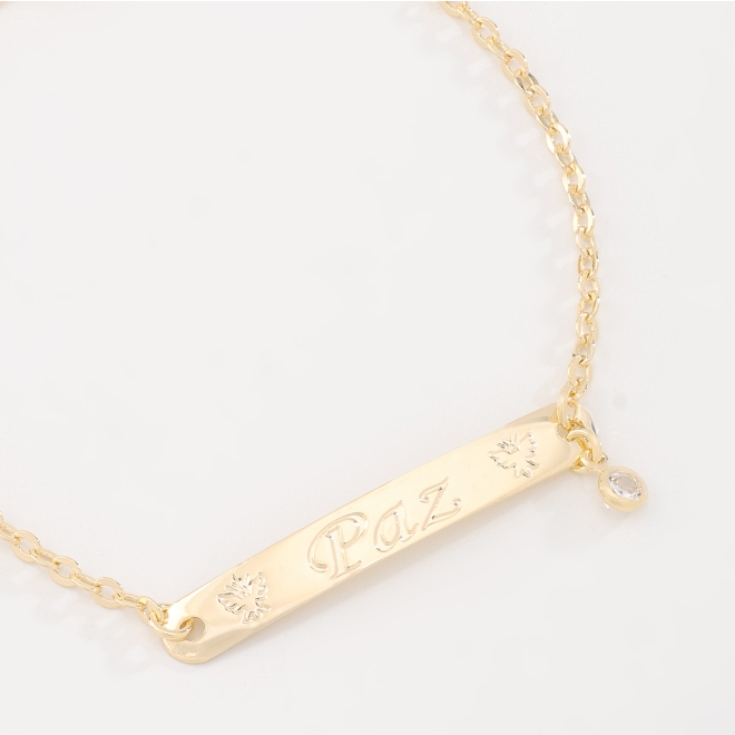 PU-00981 PULSEIRA BANHADA A OURO 18K COM PLAQUINHA PAZ E PONTO DE LUZ.