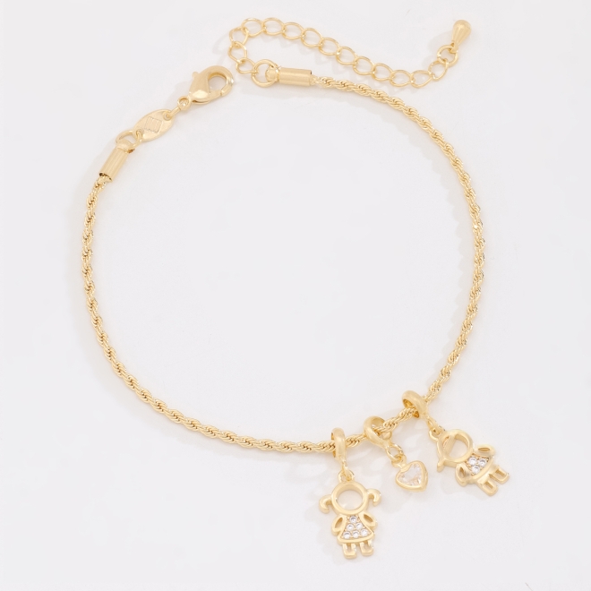 PU-01027 PULSEIRA BANHADA A OURO 18K COM CORRENTE TORCIDA E PINGENTES DE MENINA, MENINO E CORAÇÃO C