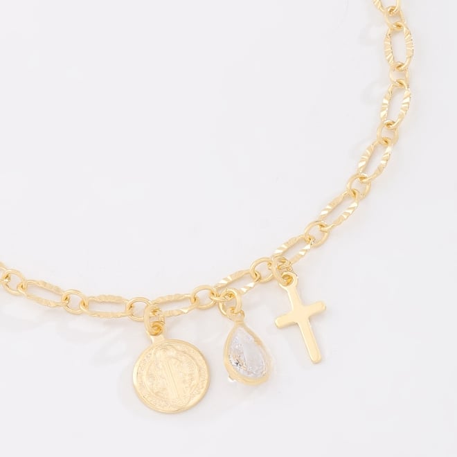 PU-01038 -PULSEIRA BANHADA A OURO 18K COM ELOS TRABALHADOS E PINGENTES DE SÃO BENTO