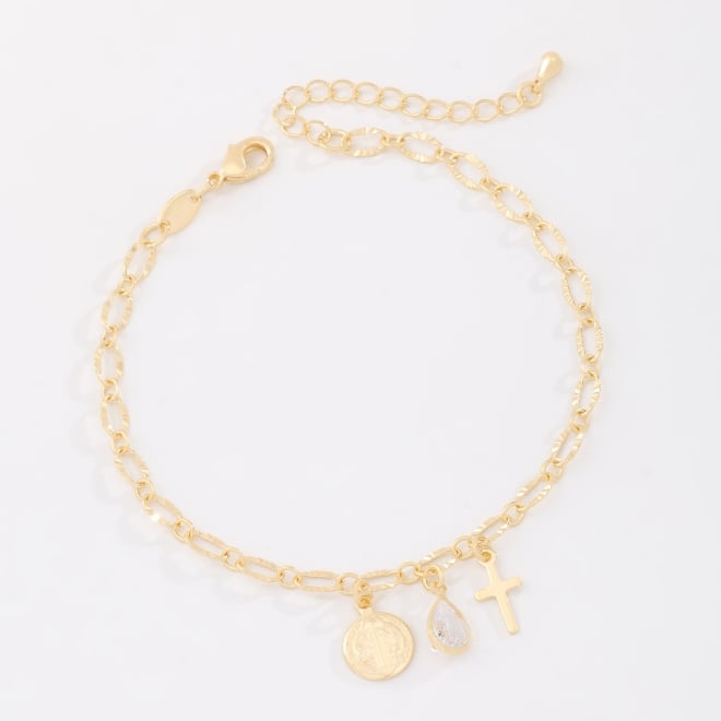 PU-01038 -PULSEIRA BANHADA A OURO 18K COM ELOS TRABALHADOS E PINGENTES DE SÃO BENTO