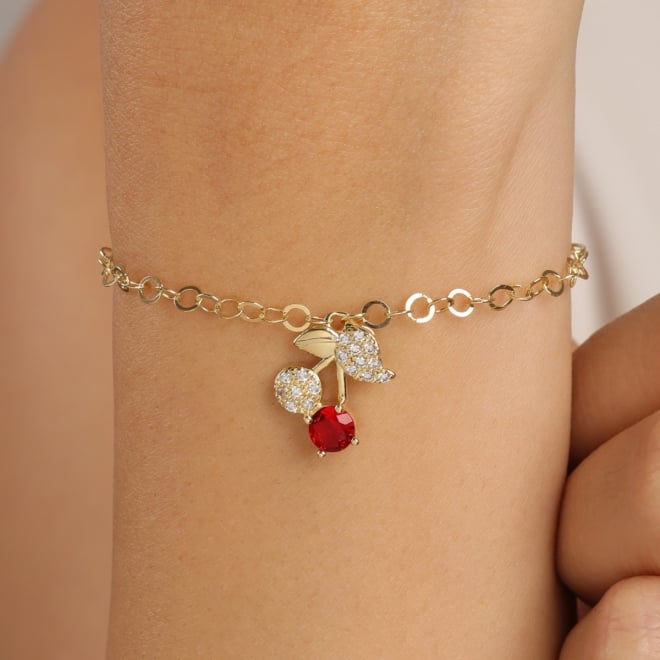 PU-01057-PULSEIRA COM PINGENTE DE CEREJA CRAVEJADA EM ZIRCÔNIAS