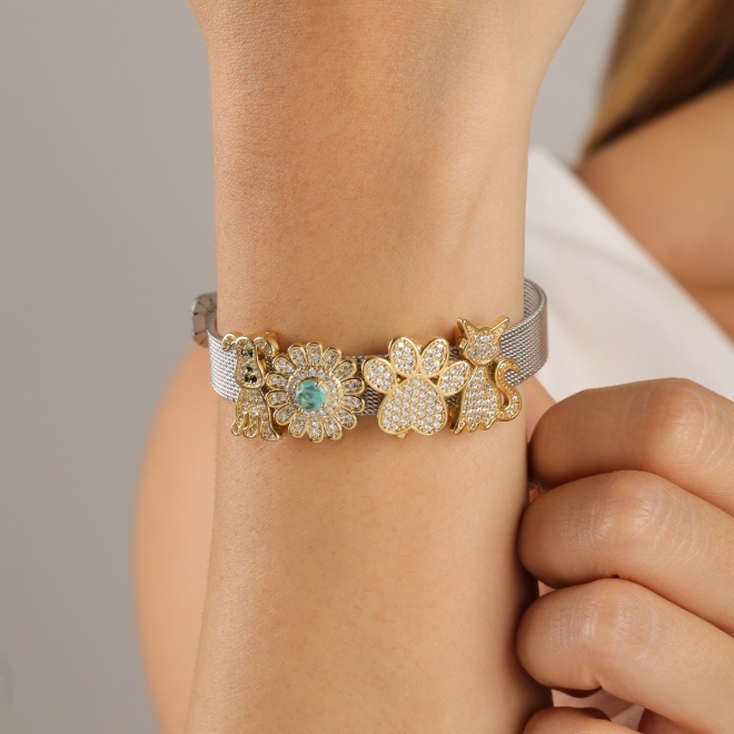 PUM-00657 PULSEIRA EM MALHA METÁLICA COM PINGENTES PET EM ZIRCÔNIAS