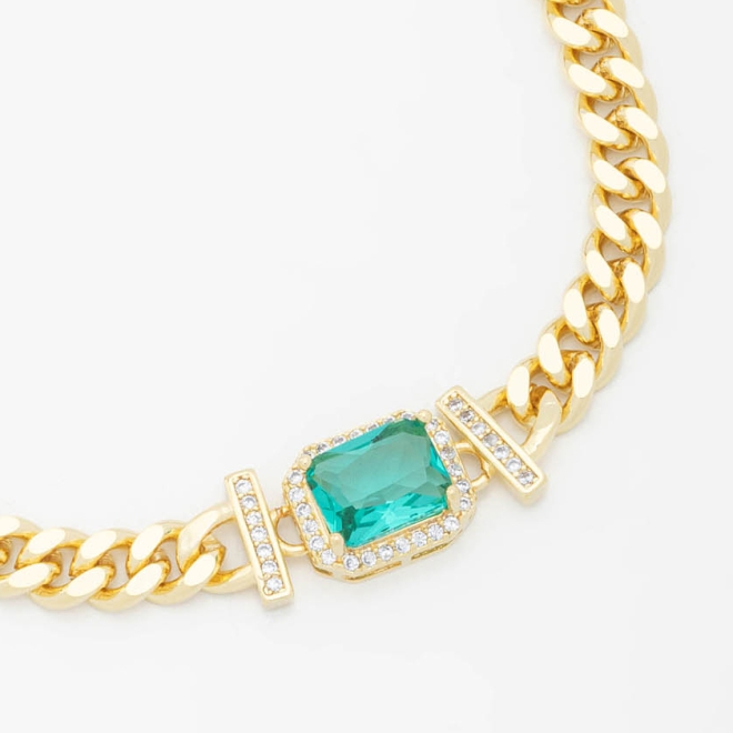 PX-0075 PULSEIRA BANHADA A OURO 18K COM CORRENTE ELO GRUMET E PEDRA CENTRAL CRAVEJADA