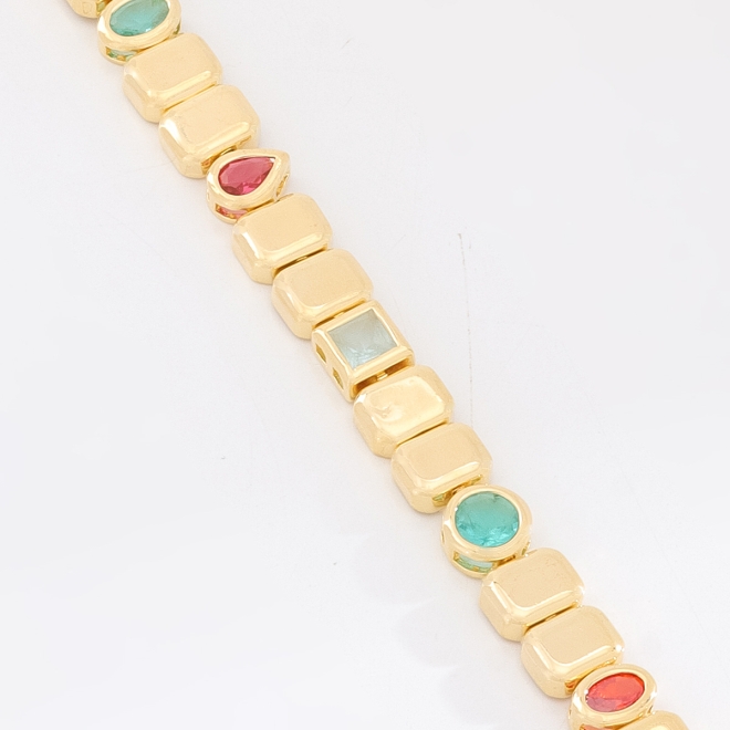 PX-0090 PULSEIRA BANHADA A OURO 18K COM ELOS GEOMÉTRICOS E DETALHES EM PEDRAS COLORIDAS