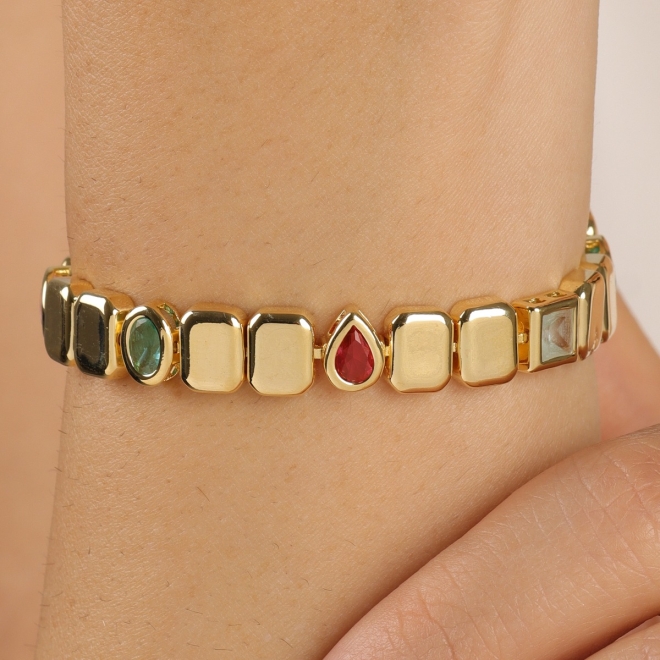 PX-0090 PULSEIRA BANHADA A OURO 18K COM ELOS GEOMÉTRICOS E DETALHES EM PEDRAS COLORIDAS