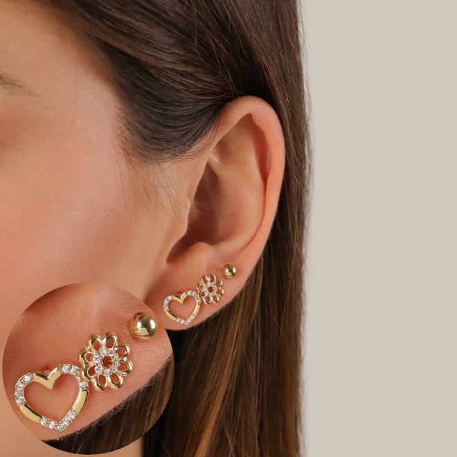 TBR-00035 TRIO DE BRINCOS BANHADOS A OURO 18K COM DESIGN VARIADO E DETALHES EM ZIRCÔNIAS